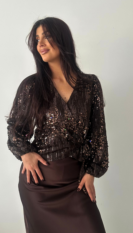 Bruine overslagblouse met pailletten
