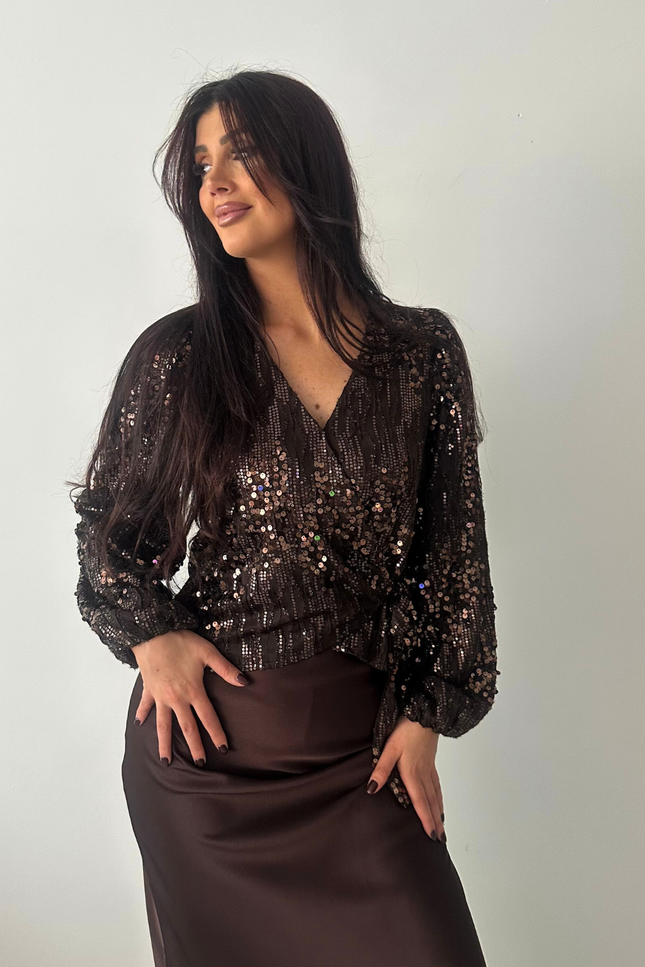 Bruine overslagblouse met pailletten