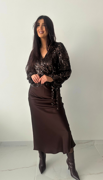 Bruine overslagblouse met pailletten