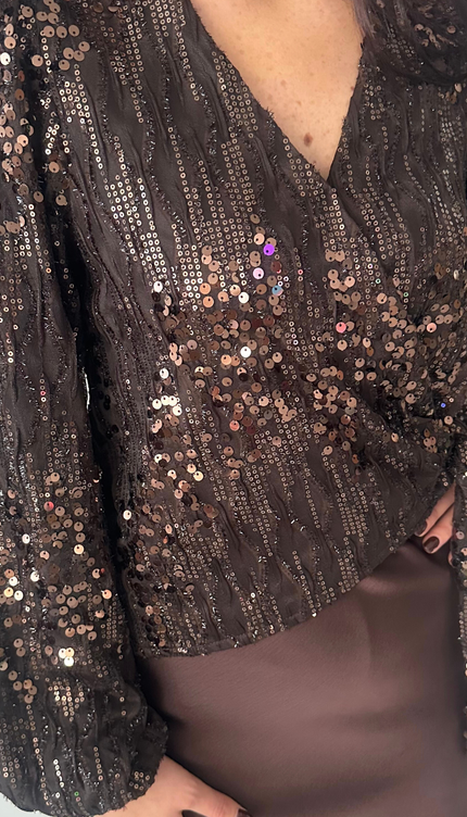 Bruine overslagblouse met pailletten